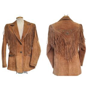 Vtg Cripple Creek Western Boho Fringe Leather Jacket SMALL Cowgirl Rodeo Brown S